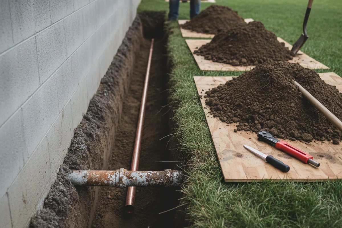 Excavated water line trench during Water Heater Repair in Golden City